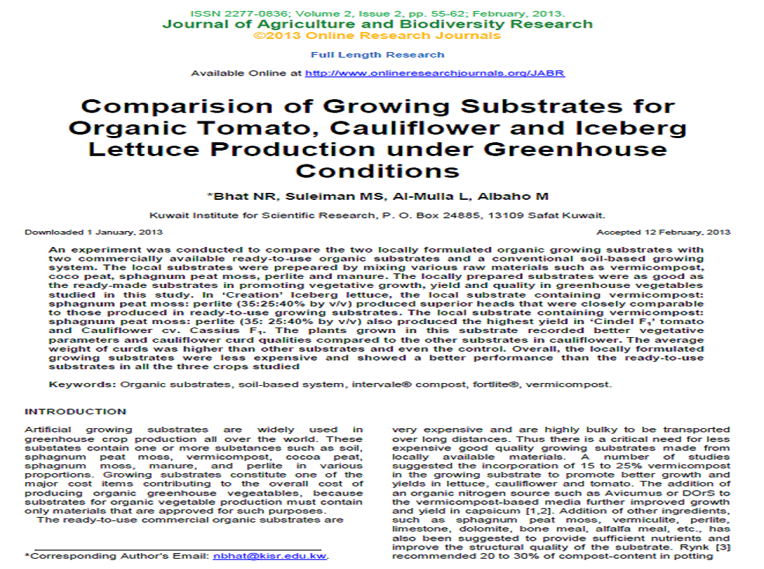 Comparision of Growing Substrates for Organic under Greenhouse Conditions
