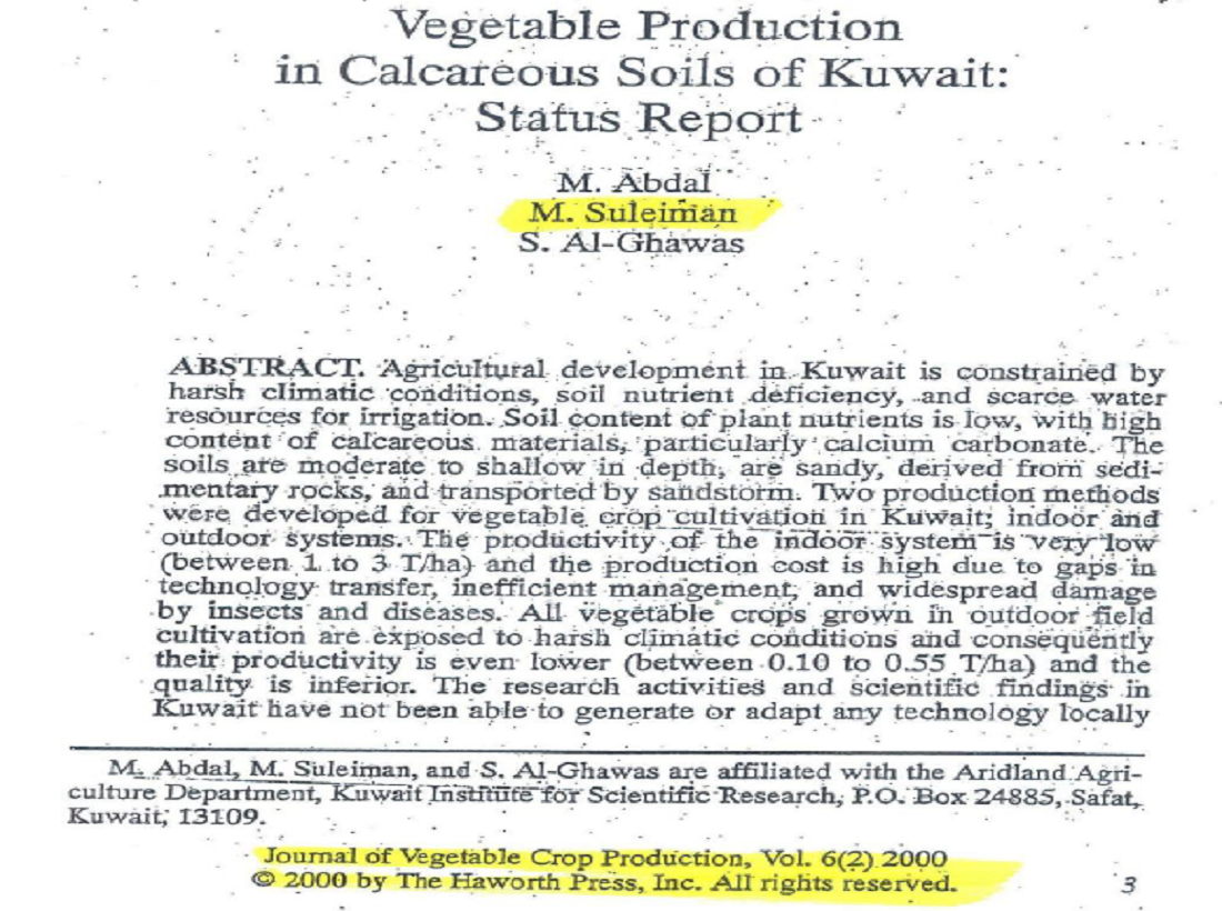 vegetable prod. in calcareous soils of Kuwait  status report