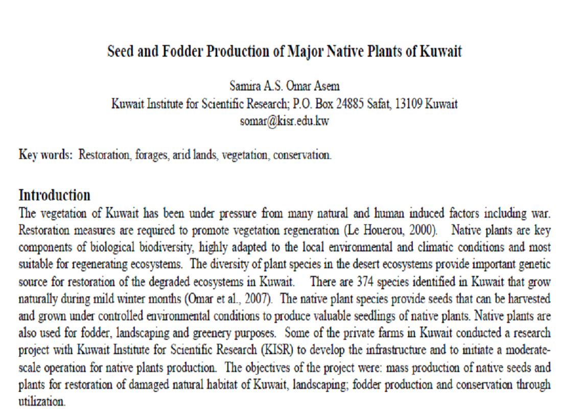 Seed and Fodder Production of Major Native Plants of Kuwait