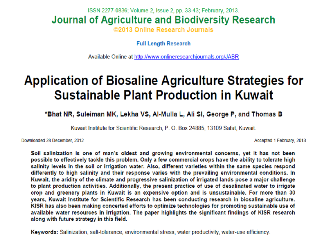 Application of Biosaline Agriculture Strategies for Sustainable Plant Production in Kuwait