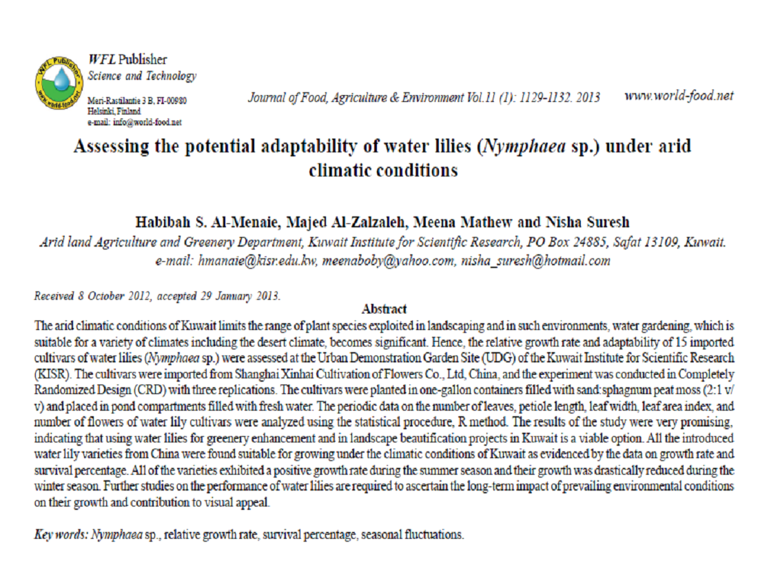 Assessing the potential adaptability of water lilies (Nymphaea sp.) under arid climatic conditions